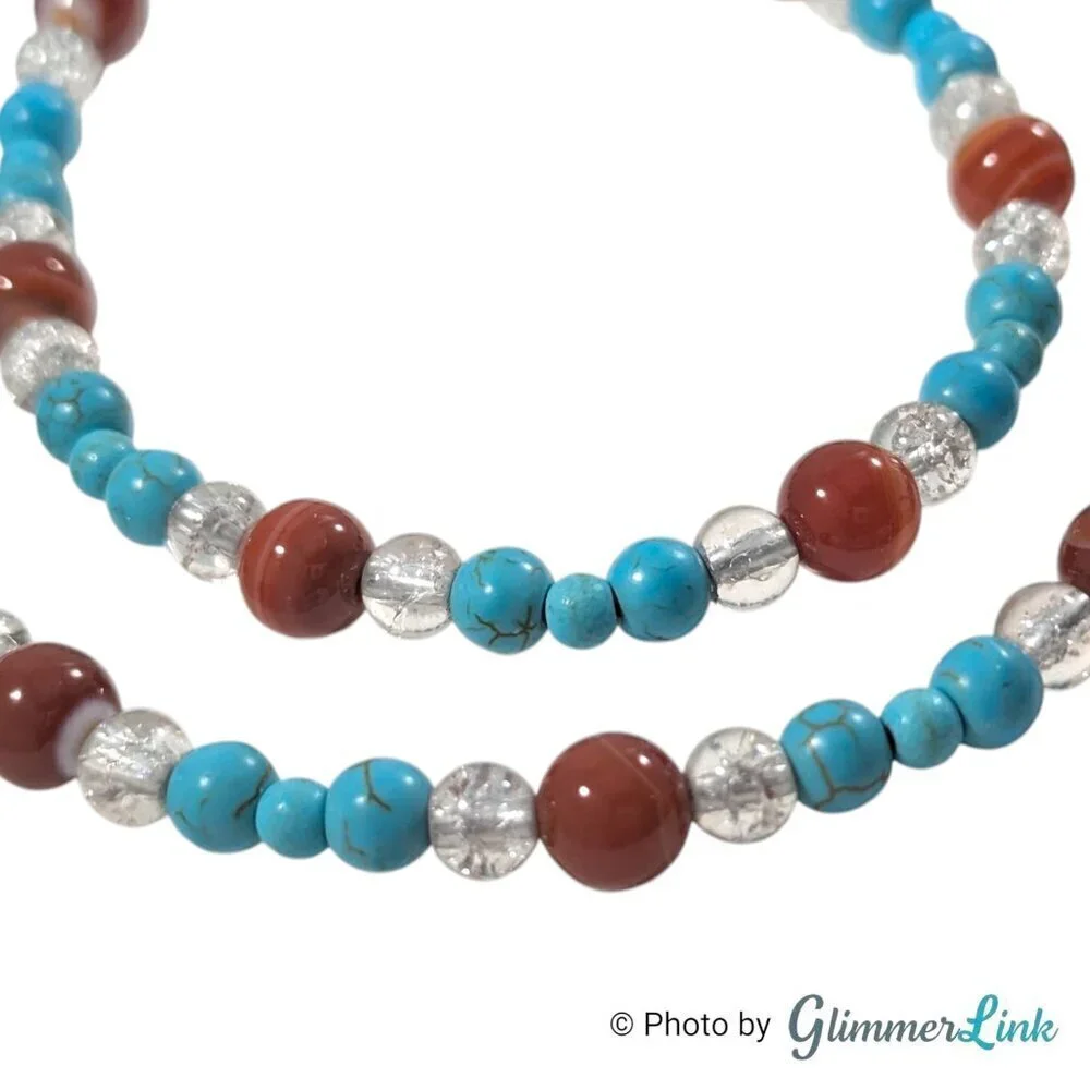 Teal Blue & Burnt Orange Gemstone Glass Beaded Silver Tone Necklace